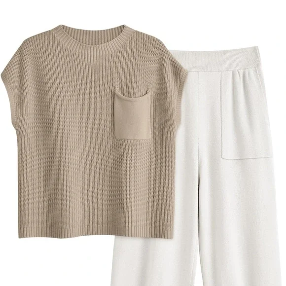 Amazon Neutral Knit Top and Ivory Wide-Leg Pants Set - Picture 2 of 3